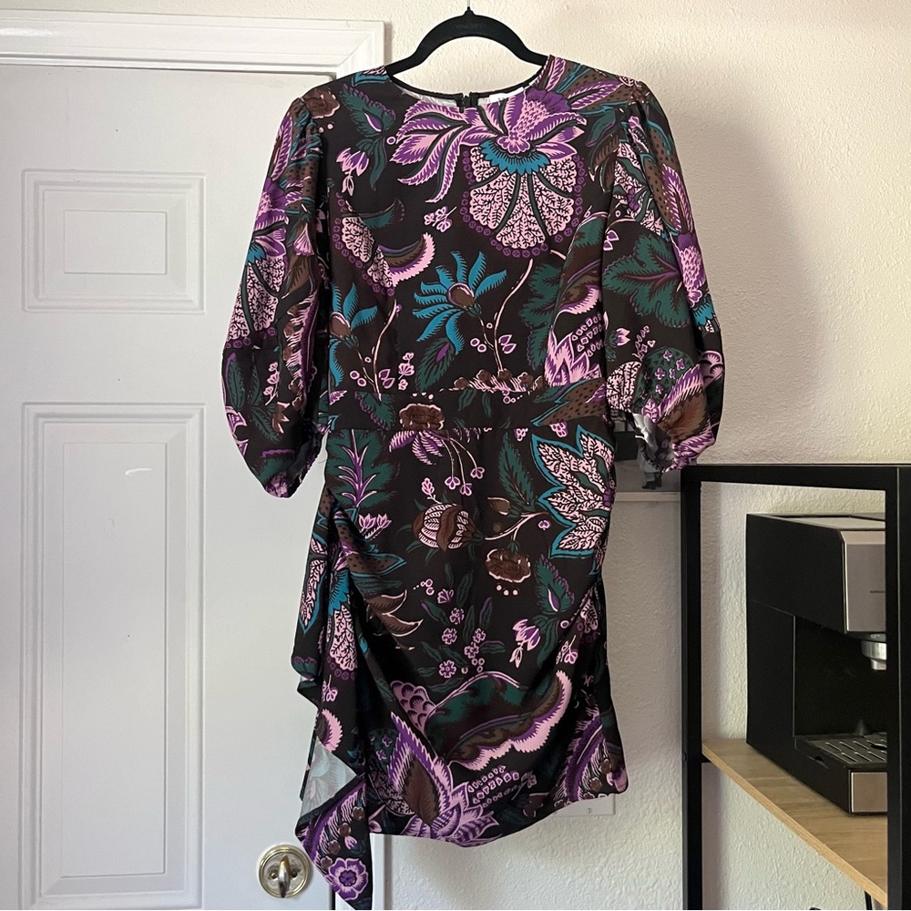 NWT RHODE brown purple floral puff short sleeve draped mini dress